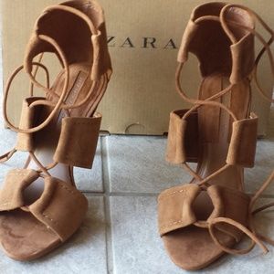 Zara Suede Lace Up Heeled Sandals Size 6